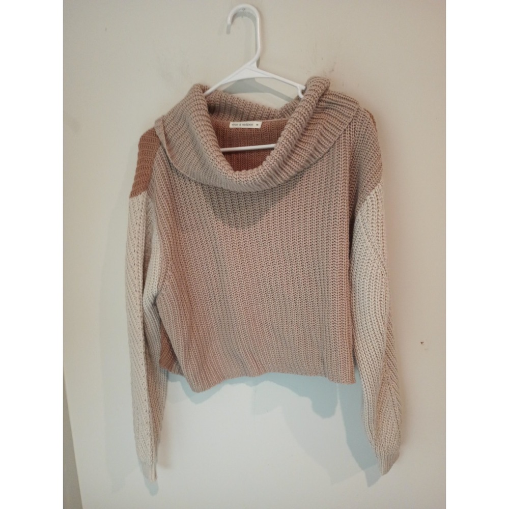 Moon & Madison Medium Sweater Cowl Neck Colorblock Knit Chunky Cropped Beige Tan